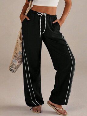 Black Women's Contrast Line Drawstring Elastic Waist Sports Long Pants